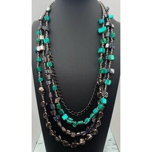 Multi Strand Black / Gunmetal Chain & Seed Beads And Multi Color Shell Necklace